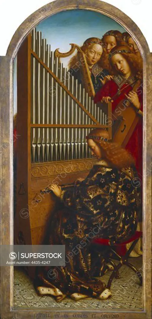 EYCK, Hubert van (1370-1426). The Ghent Altarpiece or Adoration of the Mystic Lamb. 1425-1432. BELGIUM. Ghent. Saint Bavo Cathedral. Angel musicians, from the right side of the Ghent Altarpiece. Flemish art. Oil on wood.