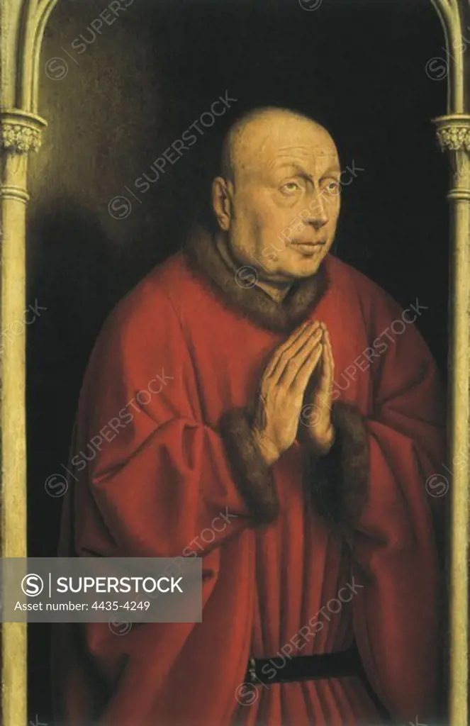 EYCK, Hubert van (1370-1426). The Ghent Altarpiece or Adoration of the Mystic Lamb. 1425-1432. BELGIUM. Ghent. Saint Bavo Cathedral. Portrait of Jodocus Vyd, deputy burgomaster of Ghent and donor of the altarpiece. Lower section of the closed altarpiece. Flemish art. Oil on wood.