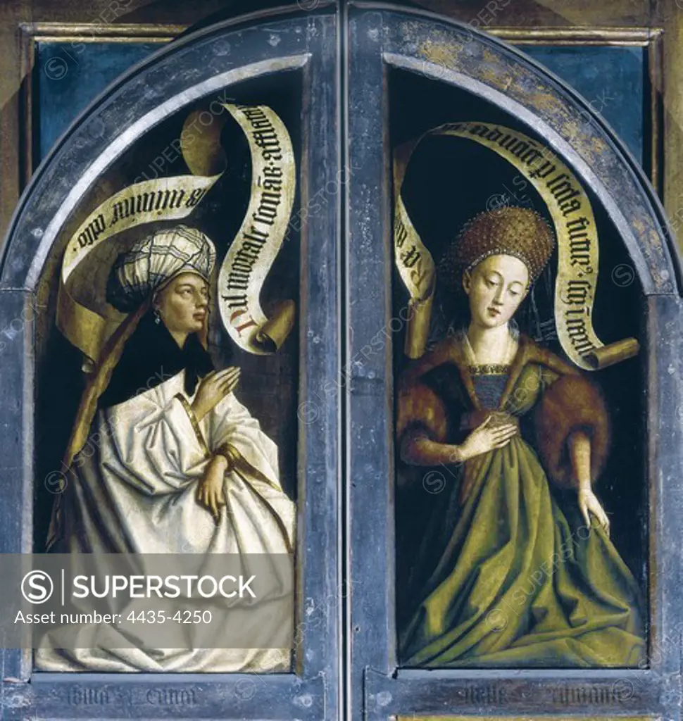 EYCK, Hubert van (1370-1426). The Ghent Altarpiece or Adoration of the Mystic Lamb. 1425-1432. BELGIUM. Ghent. Saint Bavo Cathedral. The Erythrean Sibyl and the Cumaean Sibyl, from the exterior of the two shutters. Flemish art. Oil on wood.