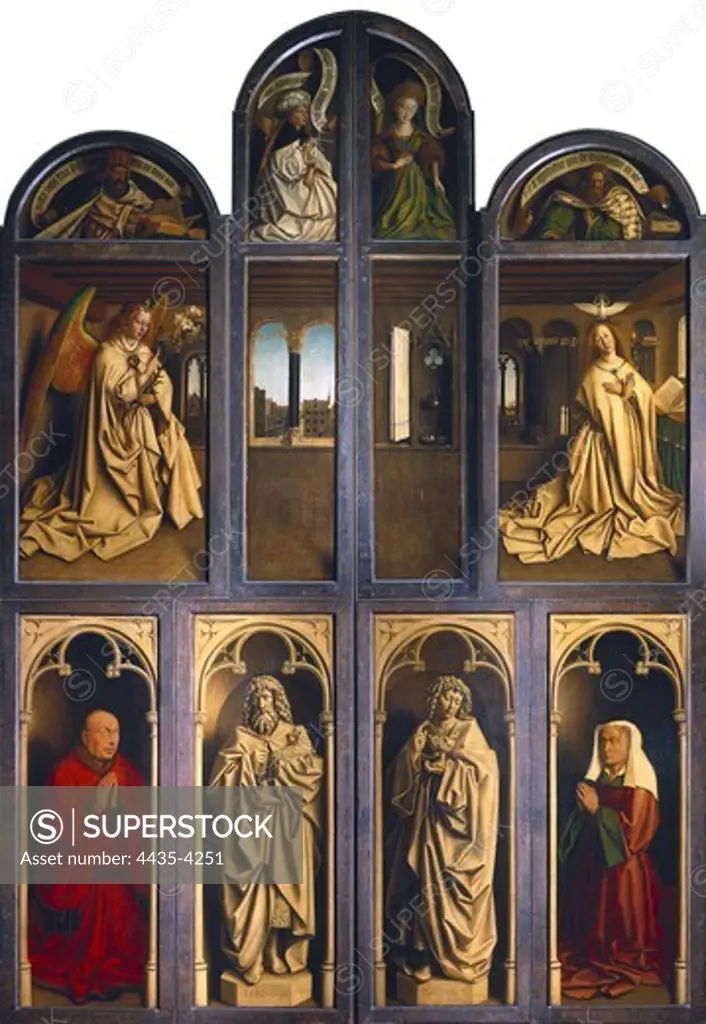 EYCK, Hubert van (1370-1426). The Ghent Altarpiece or Adoration of the Mystic Lamb. 1425-1432. BELGIUM. Ghent. Saint Bavo Cathedral. Exterior of Left and Right Panels f the Ghent Altarpiece. Flemish art. Oil on wood.