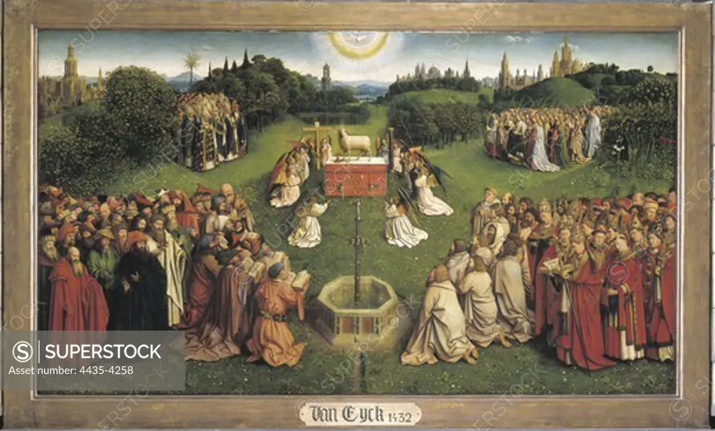 EYCK, Hubert van (1370-1426). The Ghent Altarpiece or Adoration of the Mystic Lamb. 1425-1432. BELGIUM. Ghent. Saint Bavo Cathedral. The Adoration of the Mystic Lamb, lower half of central panel. Flemish art. Oil on wood.