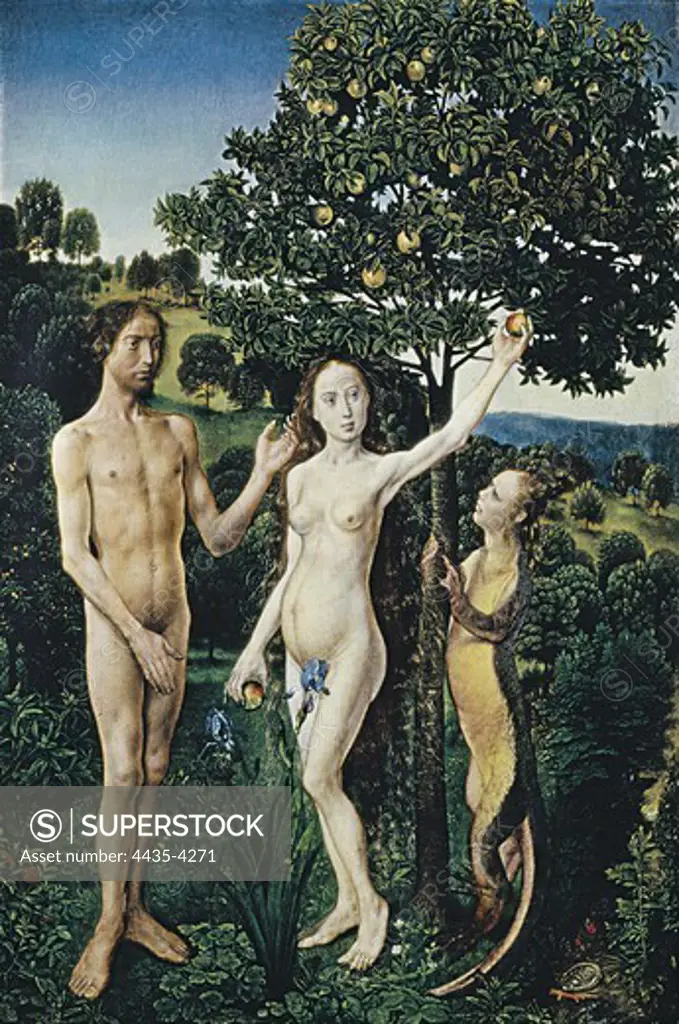 Goes, Hugo van der, also called 'Hugues de Gand' (1440-1482). Diptych: The Fall of Man and The Lamentation. 1467-1468. The original sin. Flemish art. Oil on wood. AUSTRIA. VIENNA. Vienna. Kunsthistorisches Museum Vienna (Museum of Art History).