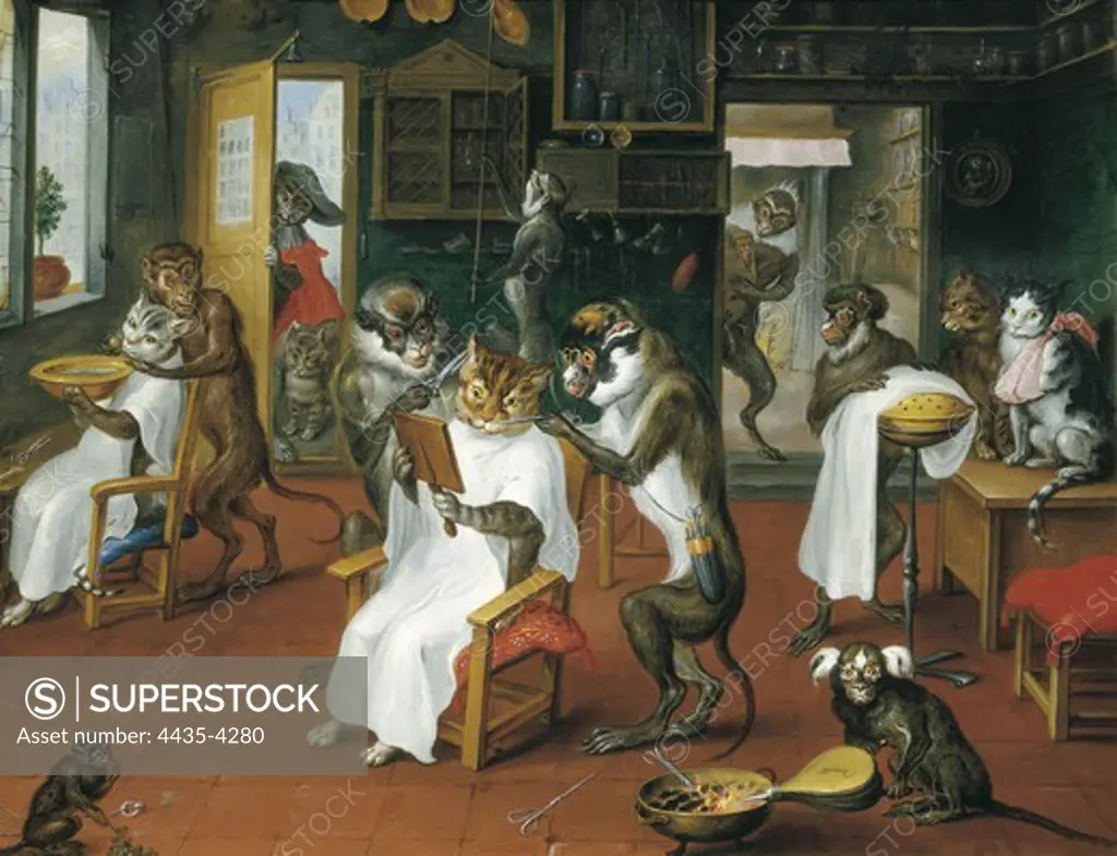 TENIERS, Abraham (1629-1670). Barber's shop with Monkeys and Cats. 1747-1748. Oil on copper. Flemish art. Oil on wood. AUSTRIA. VIENNA. Vienna. Kunsthistorisches Museum Vienna (Museum of Art History).