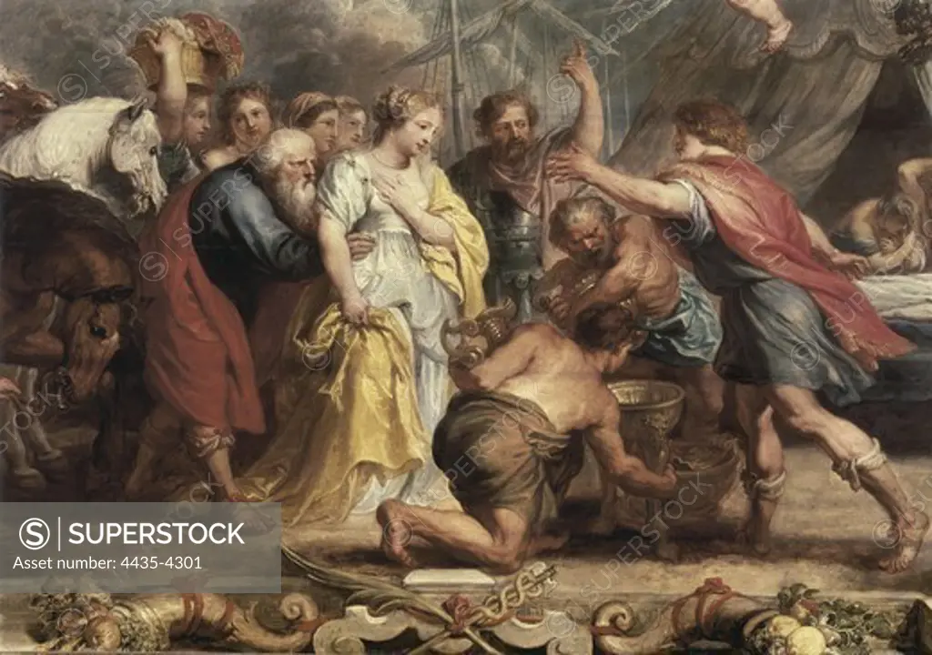 RUBENS, Peter Paul (1577-1640). Briseis Given back to Achilles. 1631 - 1632. Central detail. Cardboard for an Achilles History tapestry. Briseis returned to Achilles by Nestor. Flemish art. Oil on canvas. SPAIN. MADRID (AUTONOMOUS COMMUNITY). Madrid. Prado Museum.
