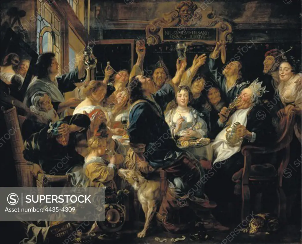 JORDAENS, Jacob (1593-1678). The Feast of the Bean King. ca. 1656. This work shows an ancient custom of some catholic countries in Europe, the celebration of the Epiphany. Flemish art. Oil on wood. AUSTRIA. VIENNA. Vienna. Kunsthistorisches Museum Vienna (Museum of Art History).