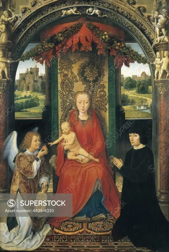 MEMLING, Hans (1433-1494). Altarpiece of Saint John, Madonna and Child with Donors and an Angel (JohannesaltŠrchen). 2nd half s.XV. Madonna and Child with Donors and an Angel. Central panel. Flemish art. Oil on canvas. AUSTRIA. VIENNA. Vienna. Kunsthistorisches Museum Vienna (Museum of Art History).