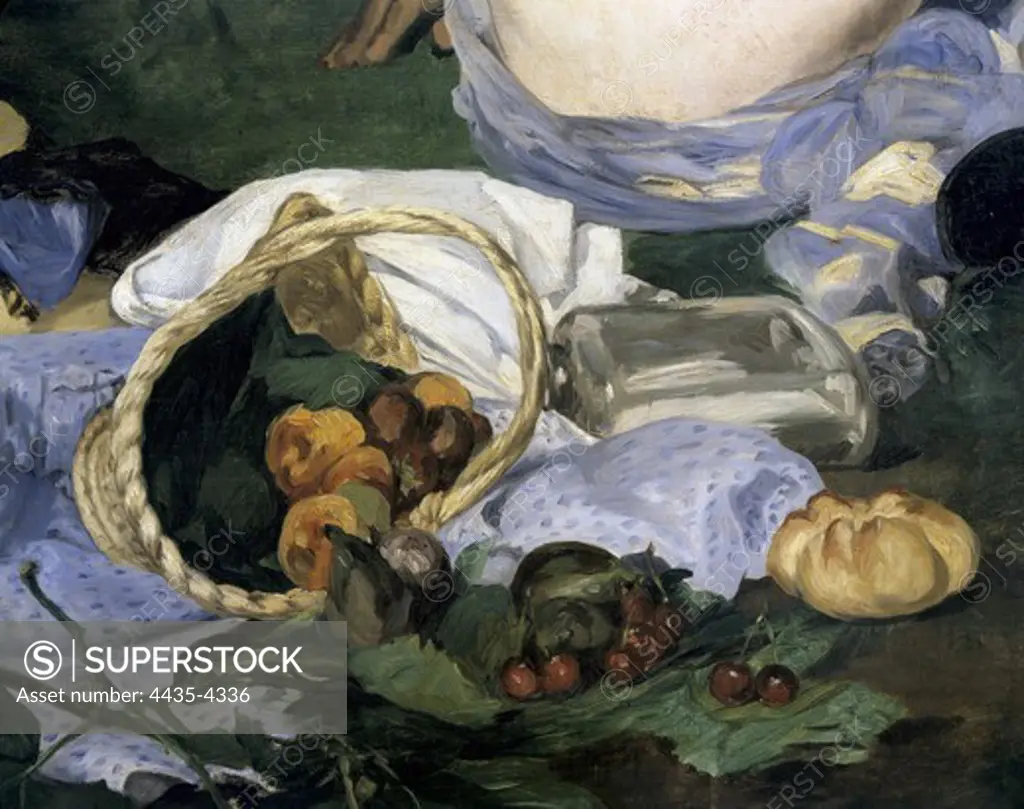 MANET, ƒdouard (1832-1883). Le DŽjeuner sur l'herbe (Luncheon on the Grass). 1863. Left lower detail depicting a basket of fruits. Impressionism. Oil on canvas. FRANCE. ëLE-DE-FRANCE. Paris. MusŽe d'Orsay (Orsay Museum).