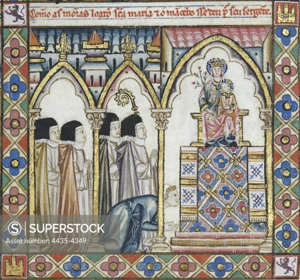 Alfonso X, called 'The Wise' (1221-1284). Cantigas de Santa Maria (Virgin Mary Songs). 13th c. MS T.I. 1. Codex Rico. Cantiga 61. Fol. 89v. Virgin cures the skeptical with twisted mouth by denying it. Detail of the nuns praying the virgin. Gothic art. Miniature Painting. SPAIN. MADRID (AUTONOMOUS COMMUNITY). San Lorenzo de El Escorial. Royal Library of the Monastery of El Escorial.