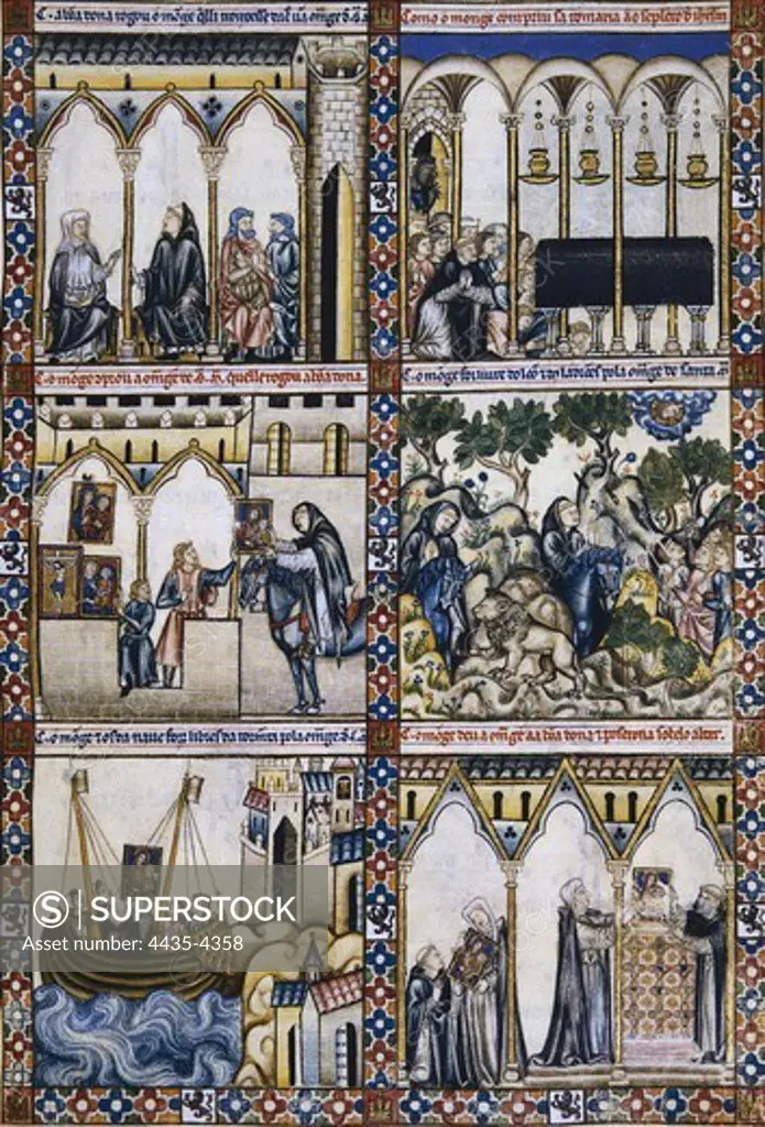 Alfonso X, called 'The Wise' (1221-1284). Cantigas de Santa Maria (Virgin Mary Songs). 13th c. MS T.I. 1. Codex Rico. Cantiga 9. Fol. 17r. The Virgin converts icon in meat and makes oil well. Gothic art. Miniature Painting. SPAIN. MADRID (AUTONOMOUS COMMUNITY). San Lorenzo de El Escorial. Royal Library of the Monastery of El Escorial.