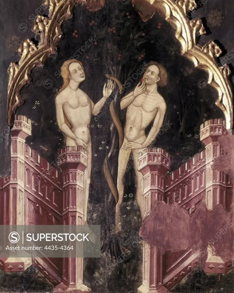MUR, Ramon de  (Ë-1435). Guimera Altarpiece. 1402-1412. Detail of the left panel. Scene of the original Sin. International gothic. Tempera on wood. SPAIN. CATALONIA. BARCELONA. Vic. Vic Episcopal Museum. Proc: SPAIN. CATALONIA. LLEIDA. Guimerö.