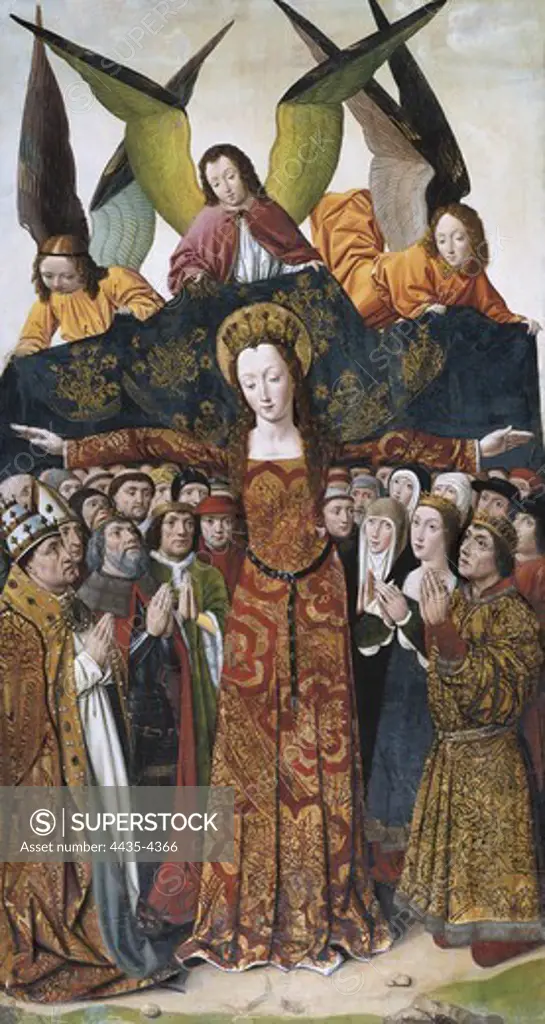SANTA MARIA DEL CAMPO, Master of (14th century-15th century). Virgin of Mercy. end 15th c. Close to the Virgin, the Catholic Monarchs. Spanish-Flemish school. Gothic art. Oil on wood. SPAIN. MADRID (AUTONOMOUS COMMUNITY). Madrid. National Museum of Archaeology.