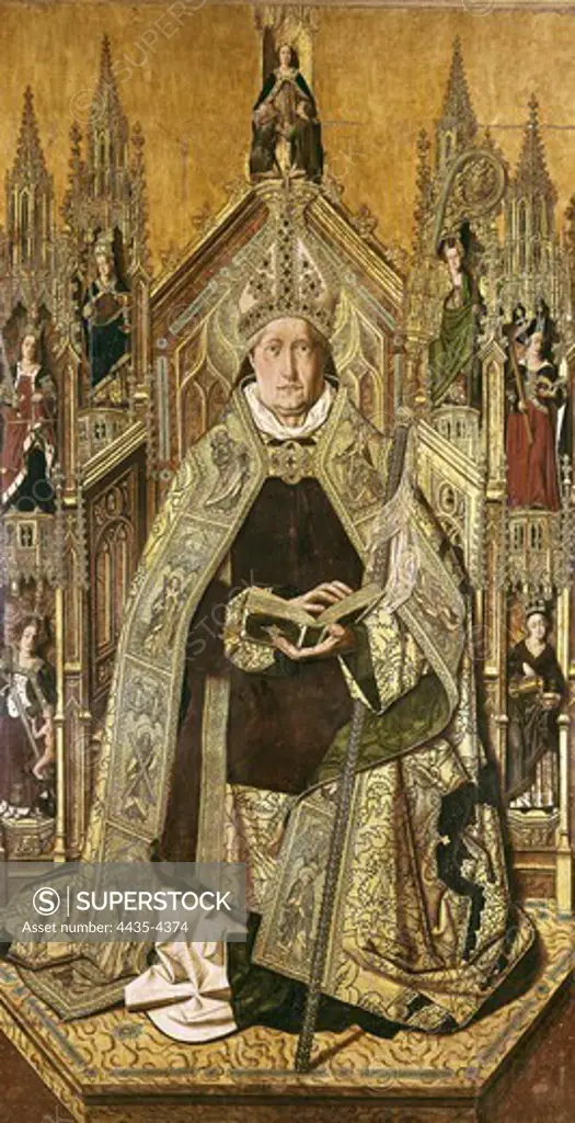 BERMEJO, Bartolom_ (1420-1498). Saint Dominic Enthroned as Abbot. 1477. Gothic art. Oil on wood. SPAIN. MADRID (AUTONOMOUS COMMUNITY). Madrid. Prado Museum.