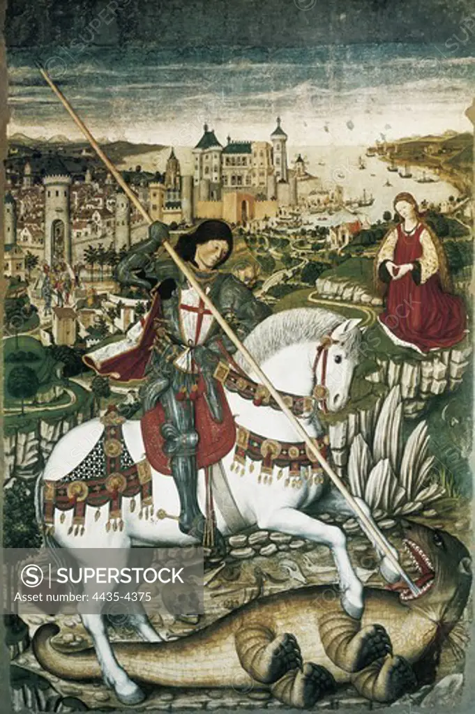 NIARD, Pere (15th century). Altarpiece of Saint George. c. 1468-1470. In the background, the bay of Palma and PortopÕ. Gothic art. Tempera on wood. SPAIN. BALEARES. MALLORCA. Palma de Mallorca. Diocesan Museum.