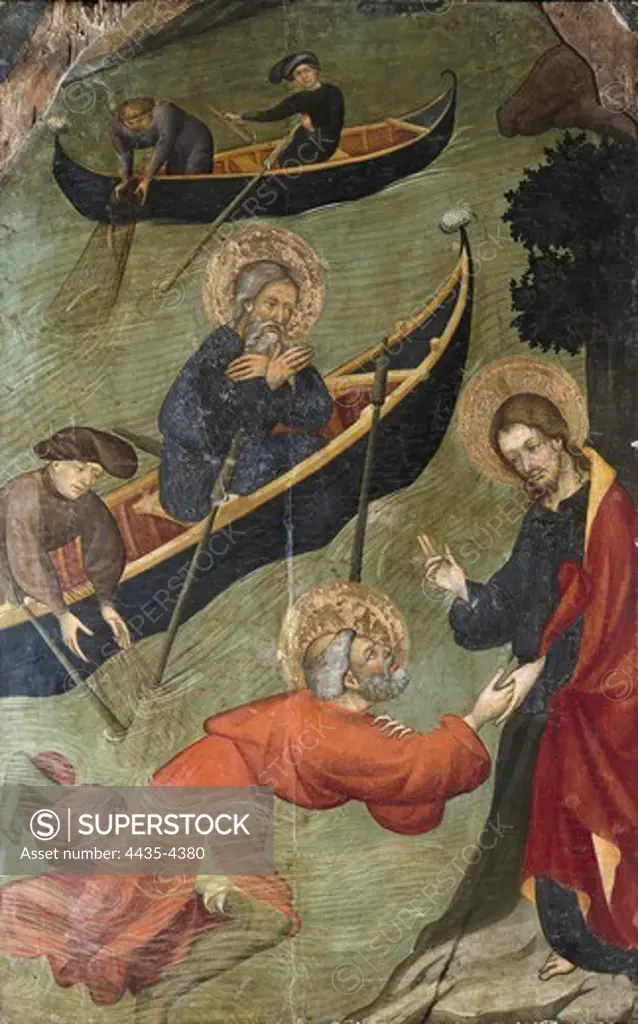 BORRASSA, LluÕs (1360-1425). Altarpiece of Saint Peter. 1411-1412. SPAIN. Terrassa. Church of St. Mary. Detail. Christ and Saint Peter the Apostle. International gothic. Tempera on wood.