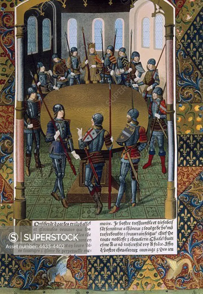King Arthur and the Knight of the Round Table. Miniature painting by Maitre Jacques de Besanon of the book 'Lancelot du Lac', by Antoine Verard (1494), fol.3 o A2. Gothic art. Miniature Painting. FRANCE. ‘LE-DE-FRANCE. Paris. National Library.