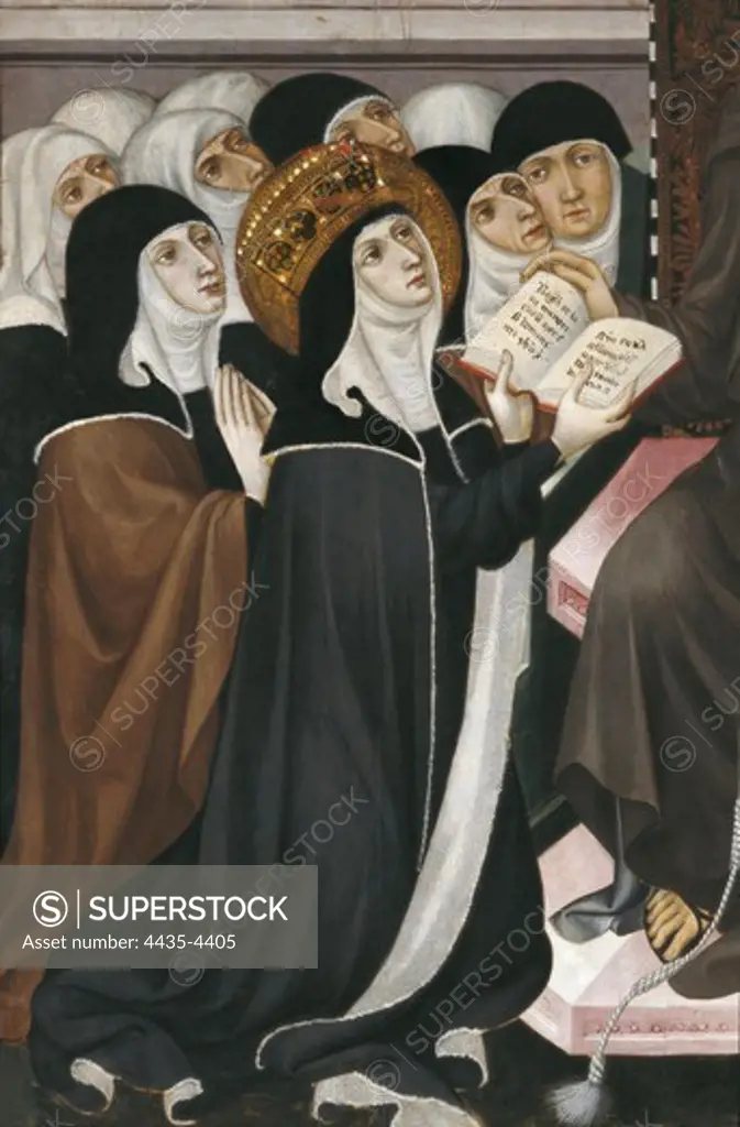 BORRASSA, LluÕs (1360-1425). Altarpiece of Franciscan Advocation, from the Convent of Santa Clara. 1414-1415. Central detail with nuns. International gothic. Tempera on wood. SPAIN. CATALONIA. BARCELONA. Vic. Vic Episcopal Museum.
