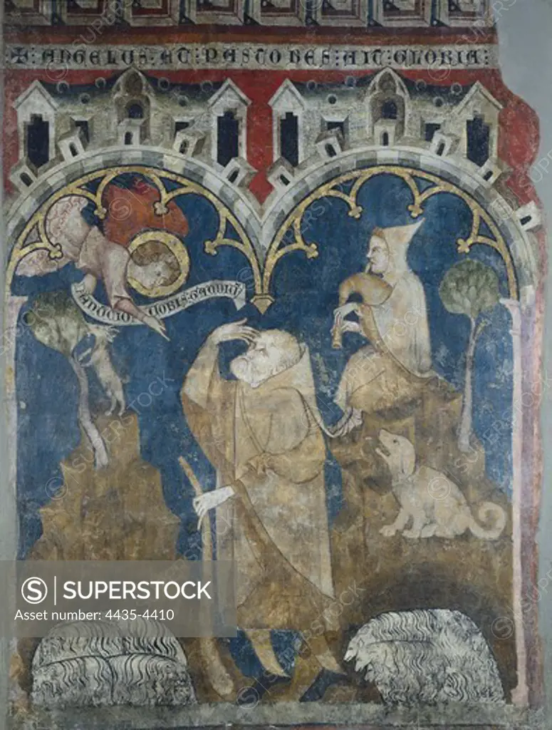 OLITE, Second Master of (14th c.). The Annunciation to the Shepherds. Circa 1333. Lineseed oil painting, former wall painting putted on canvas. Gothic art. Painting. SPAIN. NAVARRE. Pamplona. Navarra Museum. Proc: SPAIN. NAVARRE. Olite.