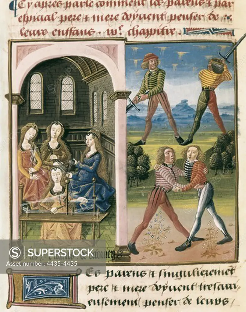 The Book of Good Morals by Jacques Le Grant (1464). Miniature of the things that fathers shall teach to their sons. Gothic art. Miniature Painting. FRANCE. PICARDY. OISE. Chantilly. Mus_e Cond_ (Cond_ Museum).