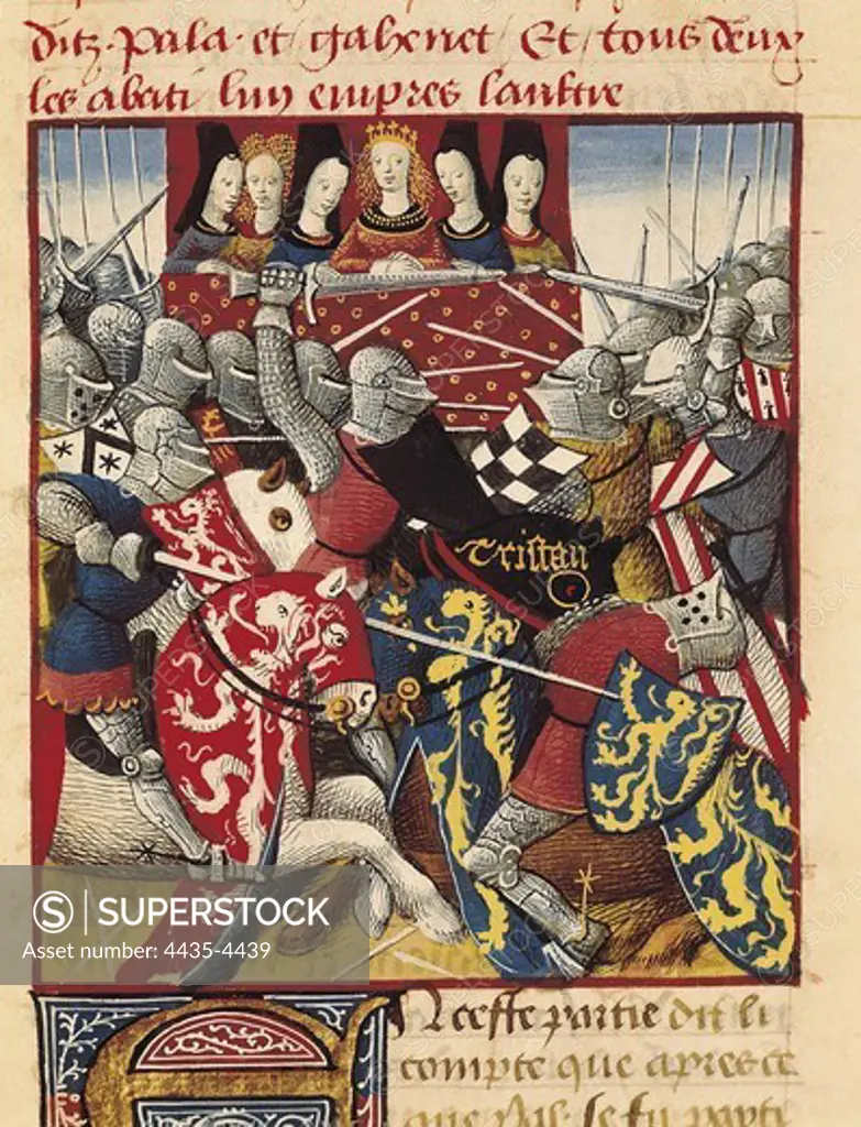 ESPINQUES, Everard de (15th c.). Romance of Tristan and Iseult. s.XV. Tournament at the Virgin's castle, Tristan against king Arthur. Gothic art. Miniature Painting. FRANCE. PICARDY. OISE. Chantilly. Mus_e Cond_ (Cond_ Museum).