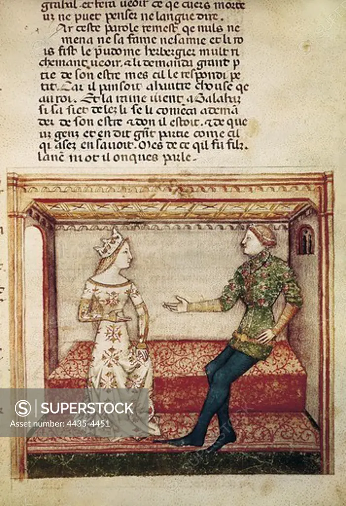 Guinevere and Galaad. Fol. 6 of the anonymous manuscript 'La qute du Saint-Graal. Queste Del Saint Graal' (c. 1380-85). Gothic art. Miniature Painting. FRANCE. ‘LE-DE-FRANCE. Paris. National Library.
