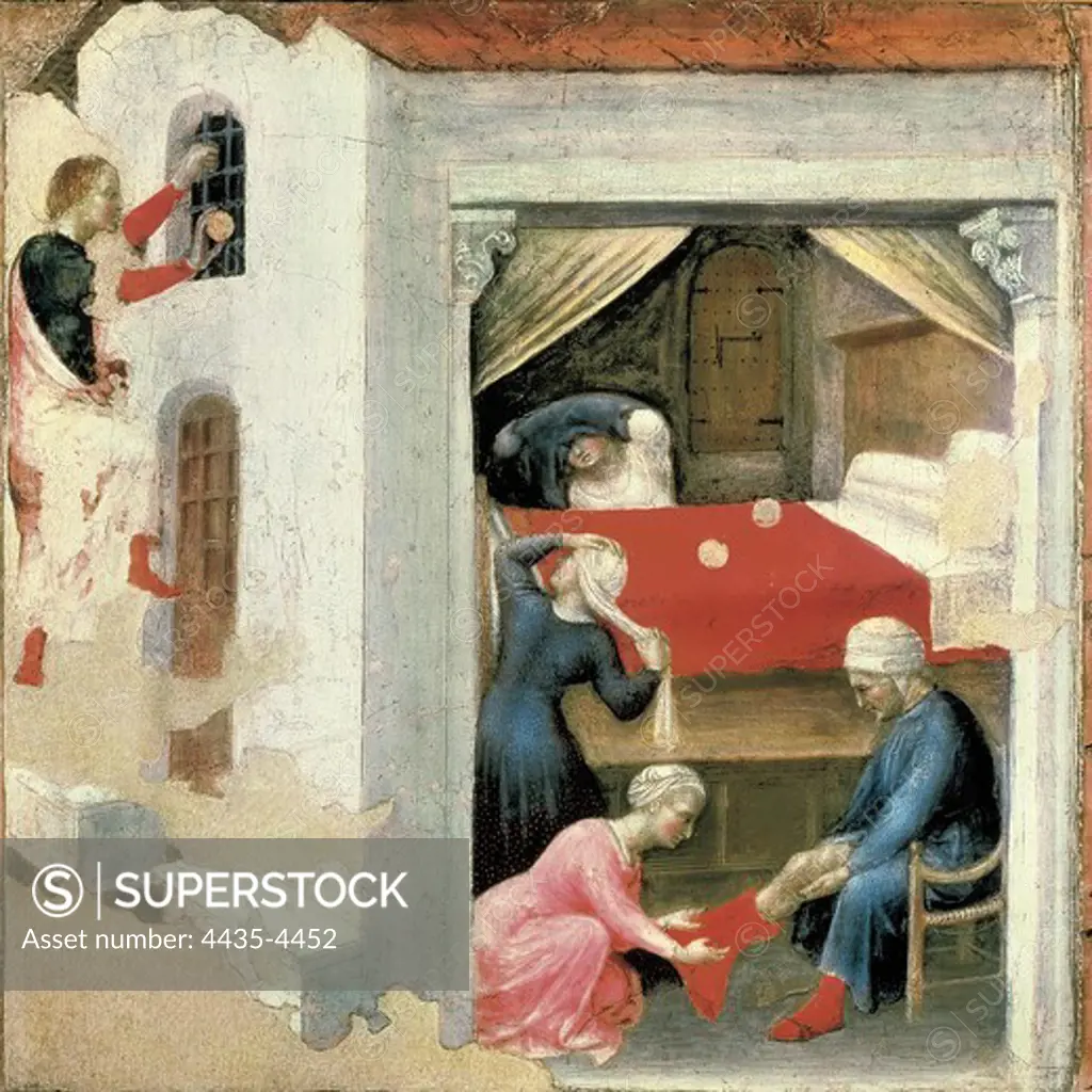 Quaratesi Altar: Saint Nicholas and three poor maidens. 1425. Detail of the predella. International gothic. Oil on wood. VATICAN CITY. Vatican Museums.