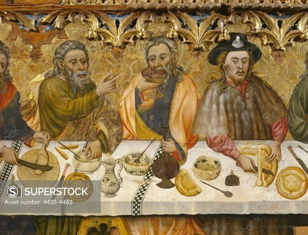 FERRER, Jaume (15th century). The Last Supper. ca. 1370-1400. Catalan School. Left detail. Gothic art. Tempera on wood. SPAIN. CATALONIA. LLEIDA. Solsona. Diocesan and Regional Museum. Proc: SPAIN. CATALONIA. LLEIDA. Les Avellanes i Santa Linya.