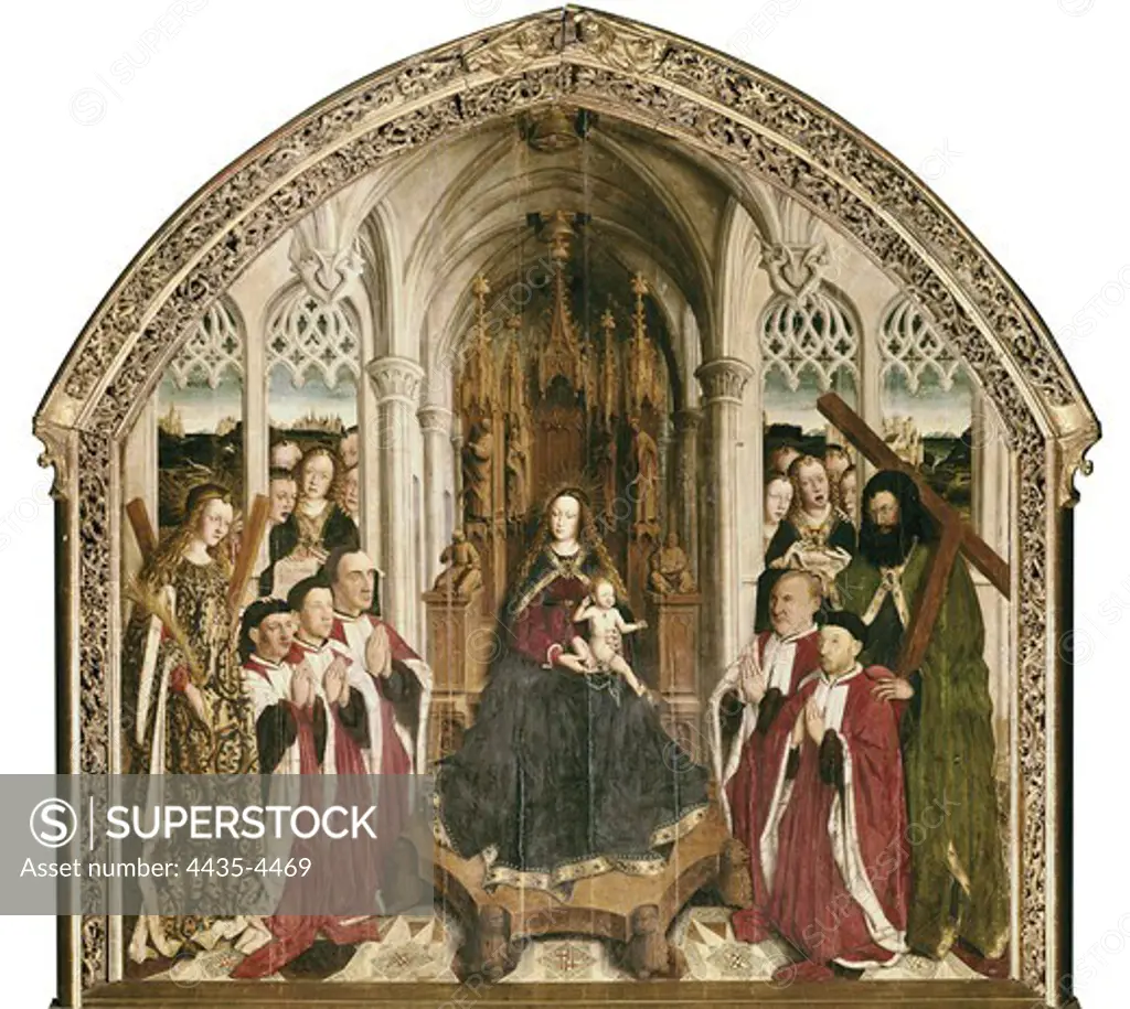DALMAU, LluÕs ( -1460). The Virgin of the Councillors. 1443 - 1445. Flemish influence in this work. The Councillors of Barcelona Joan Llull, Francesc Llobet, Joan de Junyent, Ramon Savall and Antoni de Vilatorta appear in this panel venerating the Virgin and Child, accompanied by Saint Eulölia and Saint Andrew. Tempera an. Gothic art. Tempera on wood. SPAIN. CATALONIA. Barcelona. National Art Museum of Catalonia. Proc: SPAIN. CATALONIA. Barcelona. City Hall.