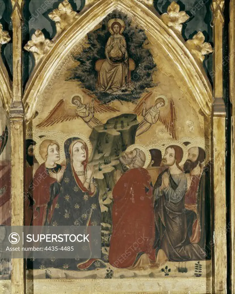 SERRA, Jaume (1358-1397). Altarpiece of the Virgin. 1362 - 1375. Right upper detail. Italian gothic. Tempera on wood. SPAIN. CATALONIA. Barcelona. National Art Museum of Catalonia.