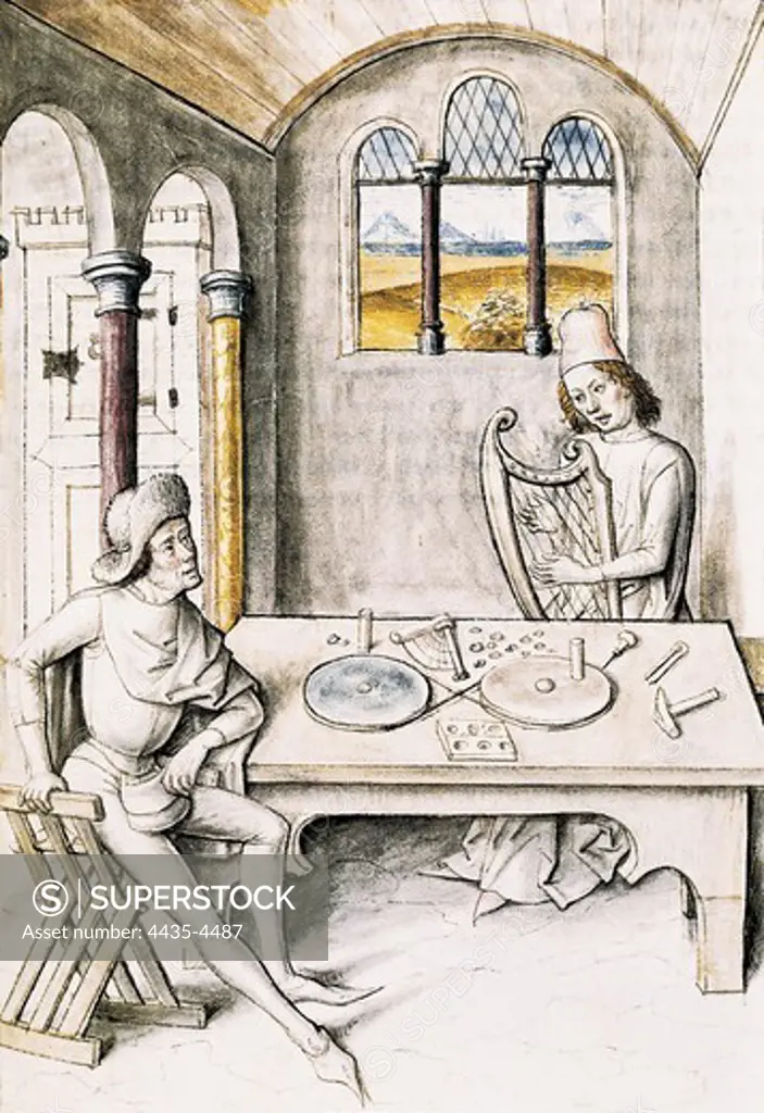 The Fables of Bidpai. Folio 6: Music manufacture in a medieval interior. German edition from 1480 after the Hindu original from 1348. Gothic art. Miniature Painting. FRANCE. PICARDY. OISE. Chantilly. Mus_e Cond_ (Cond_ Museum).