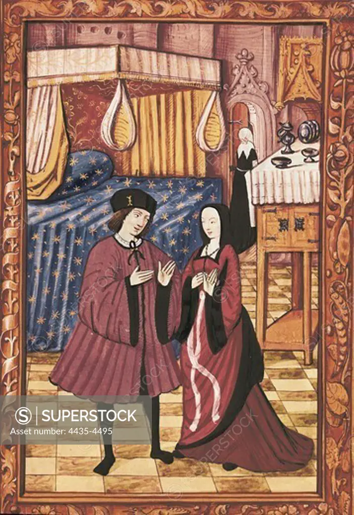 Love story without words (Histoire d'amour sans paroles). Story of Jean III de Brosse and his wife Louise de Laval (16th c.). Fol. 14r. Man and woman at the room ready to go to bed. Miniature Painting. FRANCE. PICARDY. OISE. Chantilly. Mus_e Cond_ (Cond_ Museum).