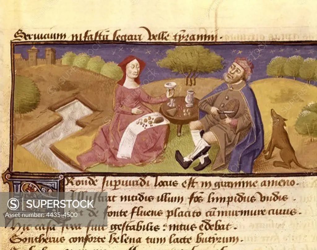 Controversia de nobilitate. 1420 - 1430. Meal in the countryside. Illustration by Bonaccursius de Montemagno, 15th century. Gothic art. Miniature Painting. PORTUGAL. Lisbon. National Archive of the Tower of the Tombo.