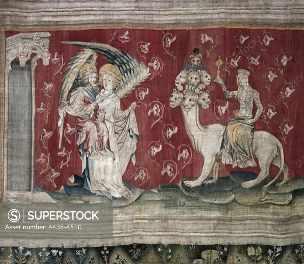 BATAILLE, Nicolas (14th c.). The Whore Riding the Beast. 1375-1382. Piece no. 65 from 'The Apocalypse of Angers', commissioned by Louis I, Duke of Anjou. Gothic art. Tapestry. FRANCE. PAYS DE LA LOIRE. MAINE-ET-LOIRE. Angers. Angers Castle.