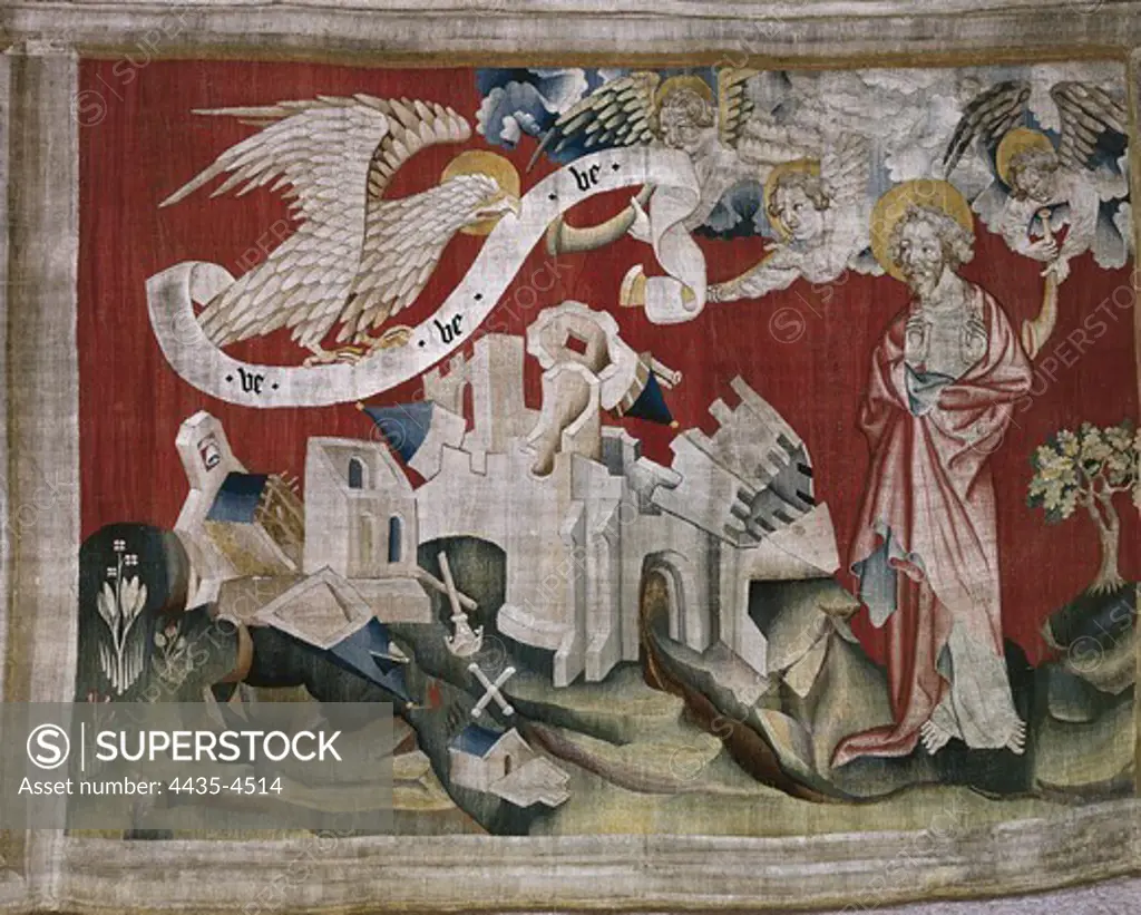 BATAILLE, Nicolas (14th c.). The Fourth Trumpet and the Eagle of Woe. 1375-1382. Piece no. 23 from 'The Apocalypse of Angers', commissioned by Louis I, Duke of Anjou. Gothic art. Tapestry. FRANCE. PAYS DE LA LOIRE. MAINE-ET-LOIRE. Angers. Angers Castle.