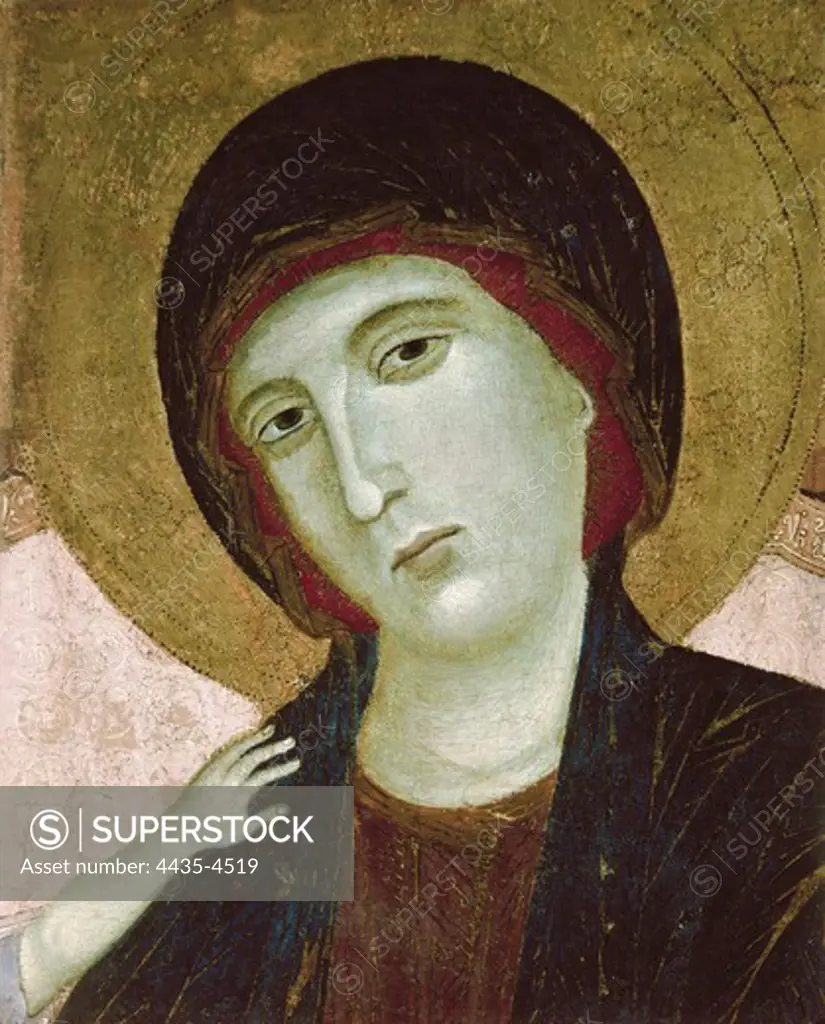 DUCCIO di BUONINSEGNA (1255-1318). Virgin and Child. Sienese school. Detail of the Virgin's face. Painted after 1285. International gothic. Tempera on wood. ITALY. PIEDMONT. Turin. Galleria Sabauda (Sabauda Gallery).