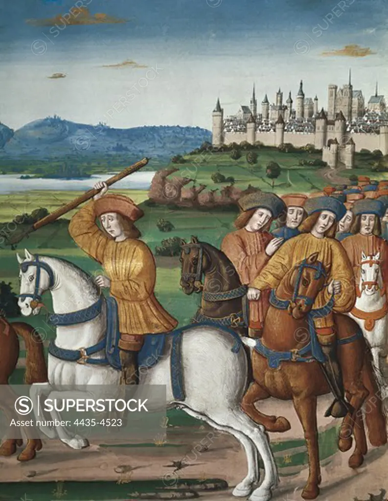 The Chronicles of Enguerrand De Monstrelet. s.XV. The king Charles VI of France going hunting with his entourage. Gothic art. Miniature Painting. FRANCE. PICARDY. OISE. Chantilly. Mus_e Cond_ (Cond_ Museum).