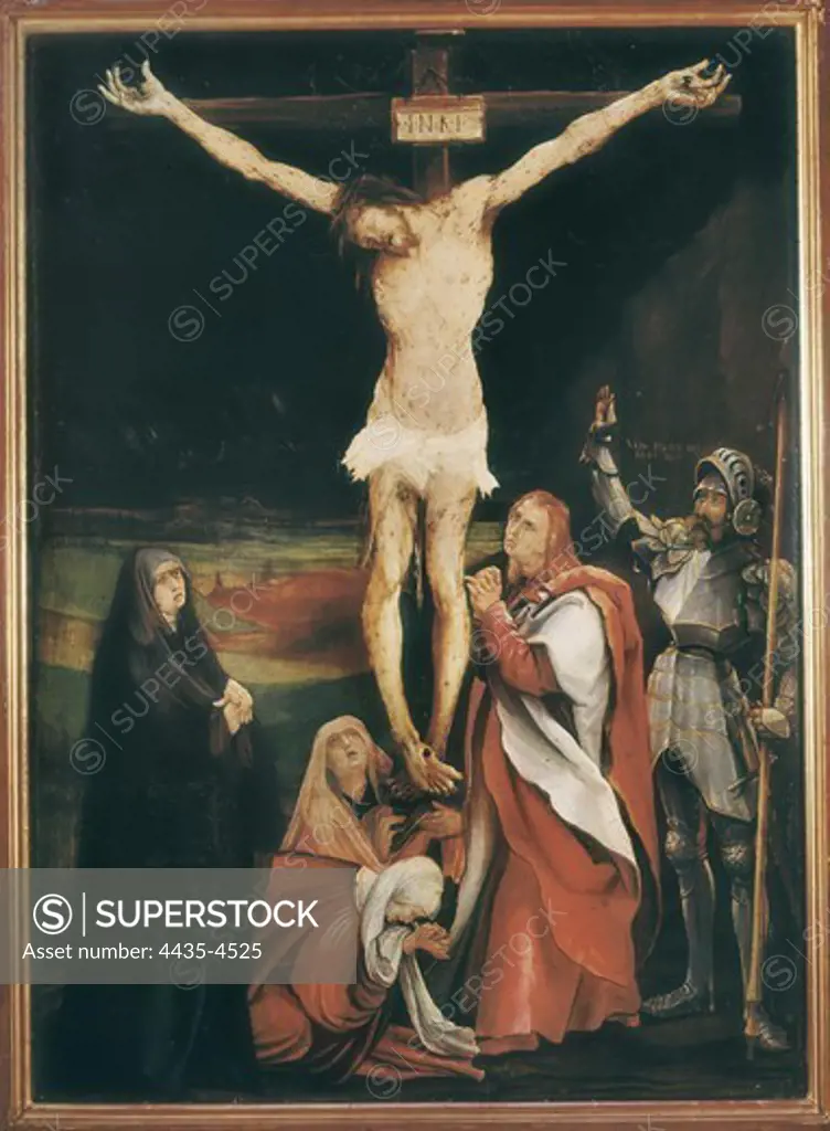 GRNEWALD, Mathis Nithardt, called Matthias (1460-1528). The crucifixion of Jesus. 1508. Renaissance art. Painting. SWITZERLAND. Basel. Fine Arts Museum.