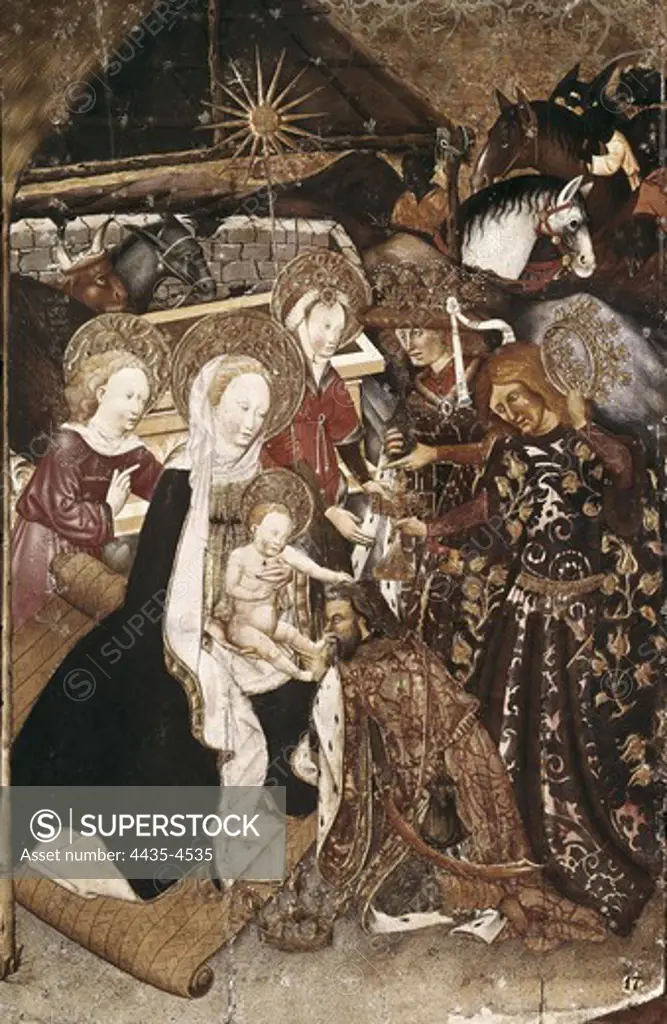 FERRER II, Jaume (15th century). Altarpiece from VerdÏ. 1432-1434. Panel of the Adoration of the Magi. Gothic art. Tempera on wood. SPAIN. CATALONIA. BARCELONA. Vic. Vic Episcopal Museum. Proc: SPAIN. CATALONIA. LLEIDA. VerdÏ. Parish Church of St. Mary.