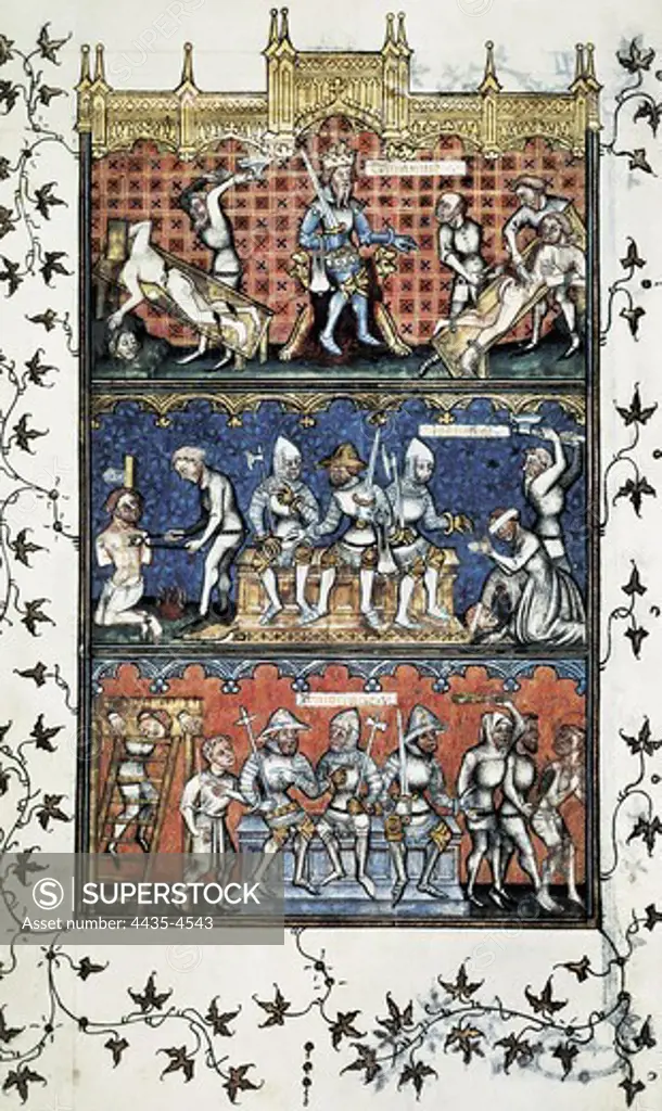 Oresme, Nicholas (1325-1382). Politics. 1340-1350. Illustration of 'Polithics' by Aristotle. The three currupt types of government: Tiranny (upper section), Oligarchy (middle) and Democracy or Mob rule (lower section). Gothic art. Miniature Painting. BELGIUM. BRUSSELS. Brussels. Bibliothque Royale (Royal Library).