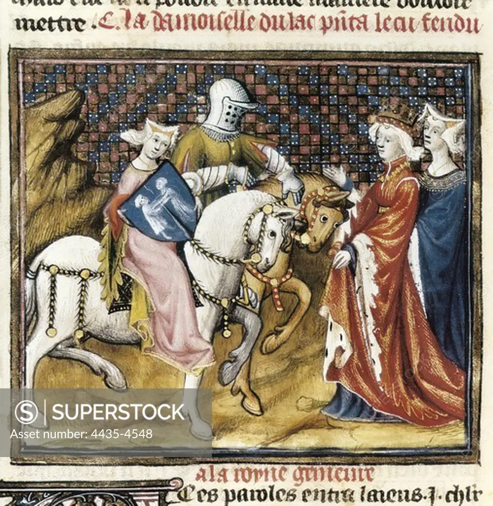 The Lady of the Lake and the Queen Guinevere. s.XIV. The Lady of the Lake and the Queen Guinevere. Fol. 229v of the manuscript of 'Le Chevalier de la charrette' by Chr_tien de Troyes (1170). Gothic art. Miniature Painting.