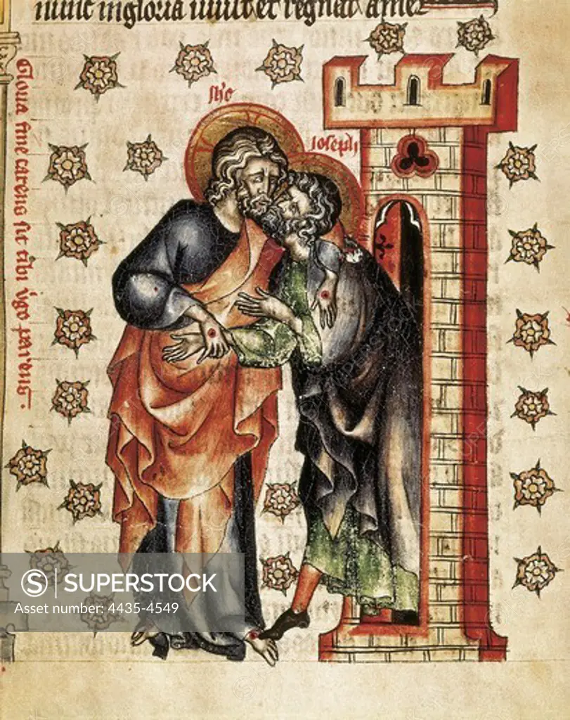 Passionary of the Abbess Cunegunde. 1320. Christ saying goodbye to Saint Joseph. Gothic art. Miniature Painting. CZECH Rep.. Prague. National Library of the Czech Republic.