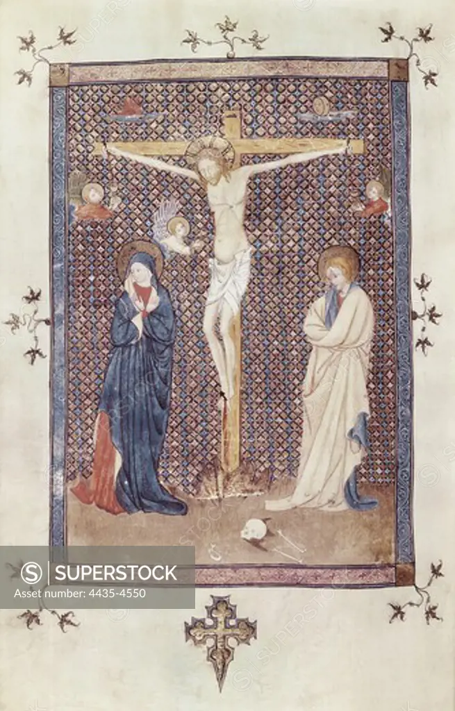 Missal of Sant Cugat del Valls. s.XV. Crucified Christ. Catalan school. Gothic art. Miniature Painting. SPAIN. CATALONIA. Barcelona. Royal Archive of the Crown of Aragon.