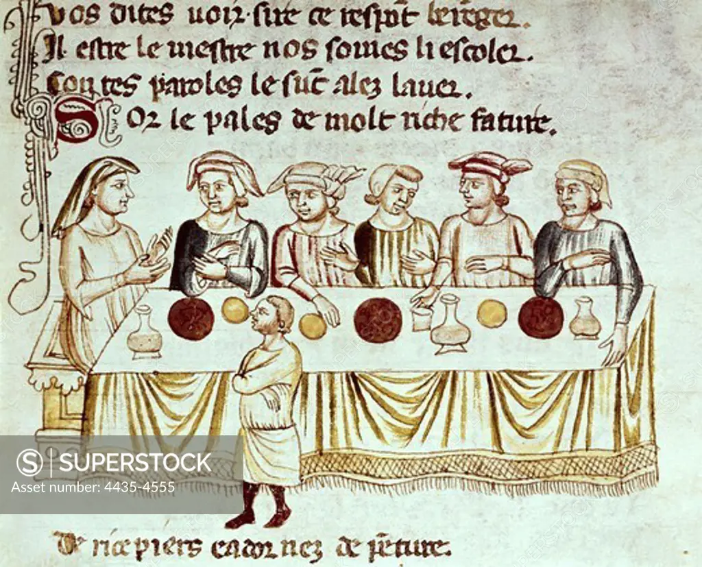 Banquet scene. Illustration of the epic poem 'L'entr_e d'Espagne' of the 14th C., that narrates Charlemagne's expedition to Spain. Gothic art. Miniature Painting. ITALY. VENETO. Venice. Biblioteca nazionale marciana (St. Mark's Library).