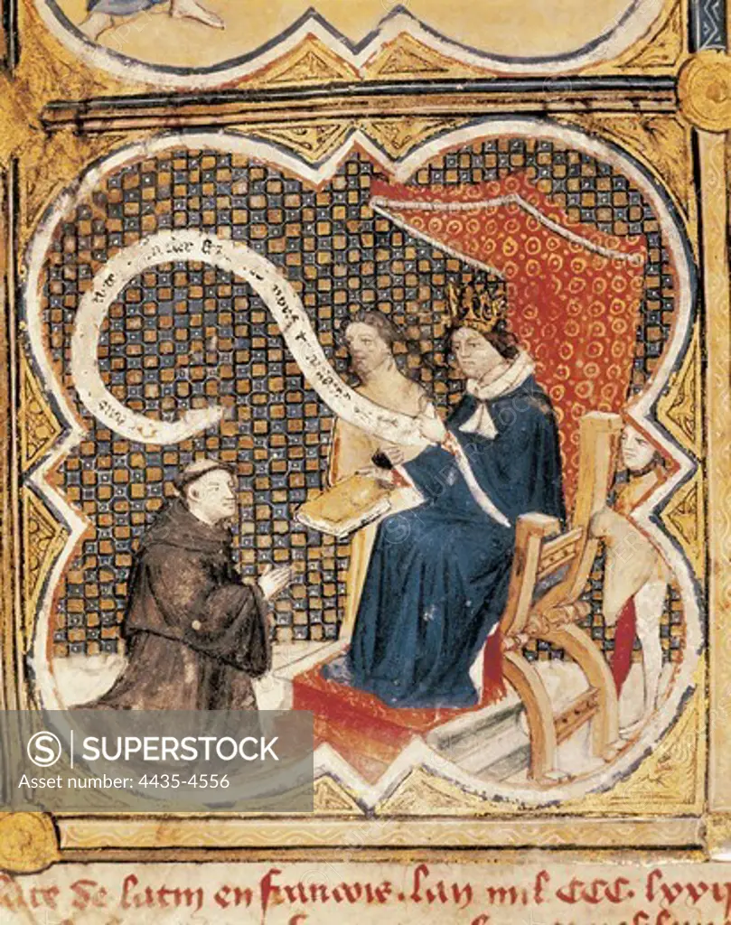 'Book On the Properties of Things' (15th c.). Translation by Jean Cordichon of the encyclopedic work by the Franciscan Bartholomaeus Anglicus. Picture with Corbichon offering the work to the king Charles V of France, named the Wise. Gothic art. Miniature Painting. FRANCE. CHAMPAGNE-ARDENNE. MARNE. Reims. Bibliothque Municipale (Municipal Library).