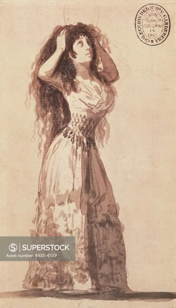 GOYA Y LUCIENTES, Francisco de (1746-1828). The Duchess of Alba Arranging Her Hair. 1796. Drawing. SPAIN. MADRID (AUTONOMOUS COMMUNITY). Madrid. National Library.