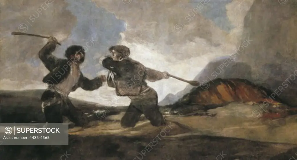 GOYA Y LUCIENTES, Francisco de (1746-1828). Duel with Cudgels. 1819 - 1823. Mural painting mounted on canvas. This painting with the other 13 works decorated two rooms of the Quinta del Sordo (the Deaf Man's Villa), the artist's house. Oil on canvas. SPAIN. MADRID (AUTONOMOUS COMMUNITY). Madrid. Prado Museum.