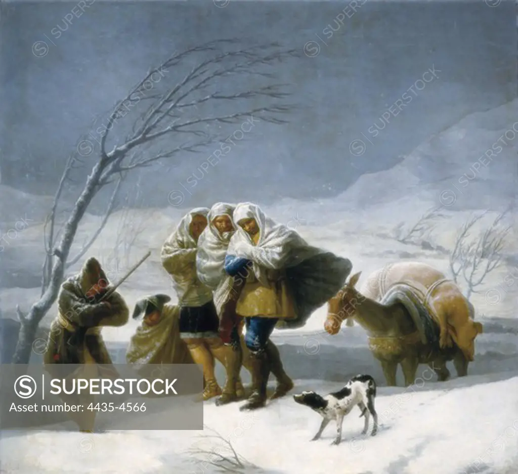 GOYA Y LUCIENTES, Francisco de (1746-1828). The snowfall. 1786. Painted for El Pardo, where the tapestry is preserved. Oil on canvas. SPAIN. MADRID (AUTONOMOUS COMMUNITY). Madrid. Prado Museum.