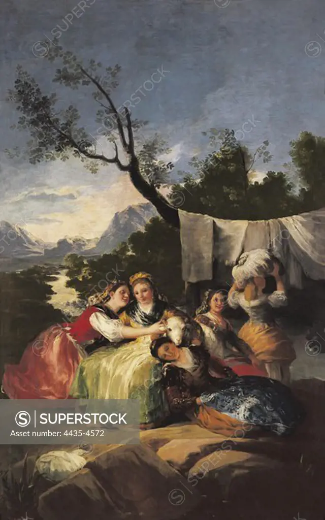 GOYA Y LUCIENTES, Francisco de (1746-1828). The Washerwomen. 1779-1780. Painted for the Princes' Bedroom at El Pardo. Oil on canvas. SPAIN. MADRID (AUTONOMOUS COMMUNITY). Madrid. Prado Museum.