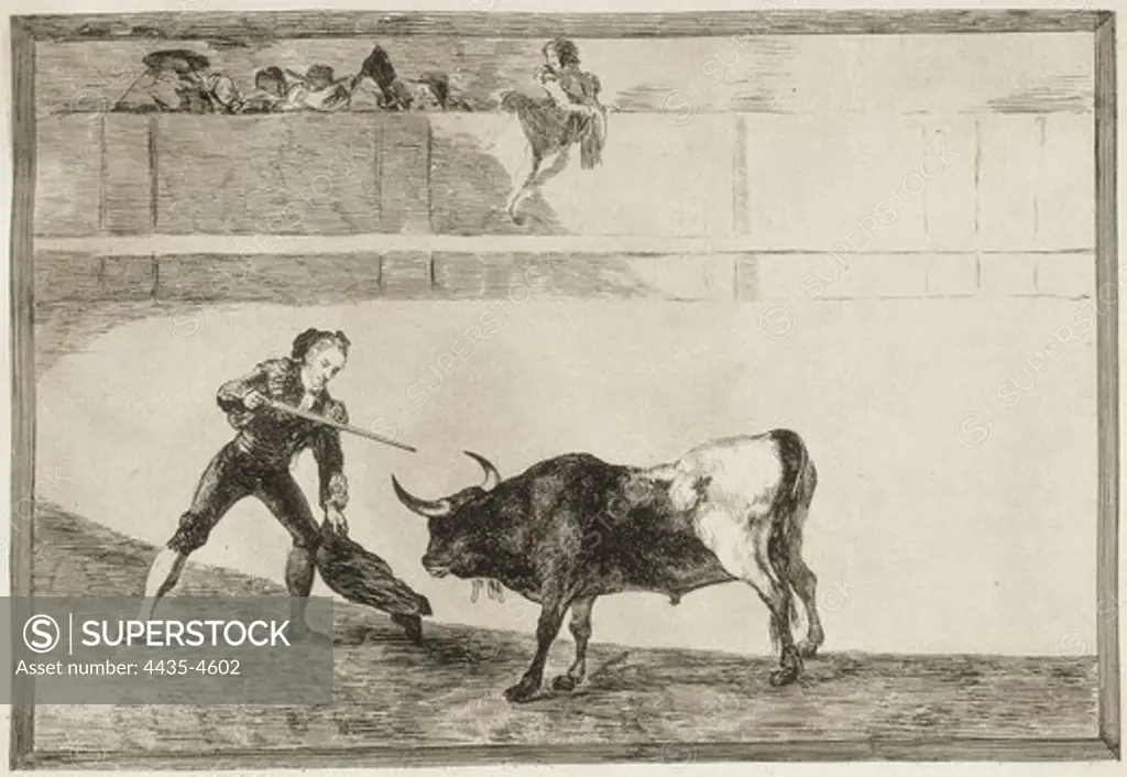 GOYA Y LUCIENTES, Francisco de (1746-1828). Pedro Romero killing the halted bull. 1816. Plate 30 of 'The Art of Bullfighting'. Etching. SPAIN. MADRID (AUTONOMOUS COMMUNITY). Madrid. National Library.