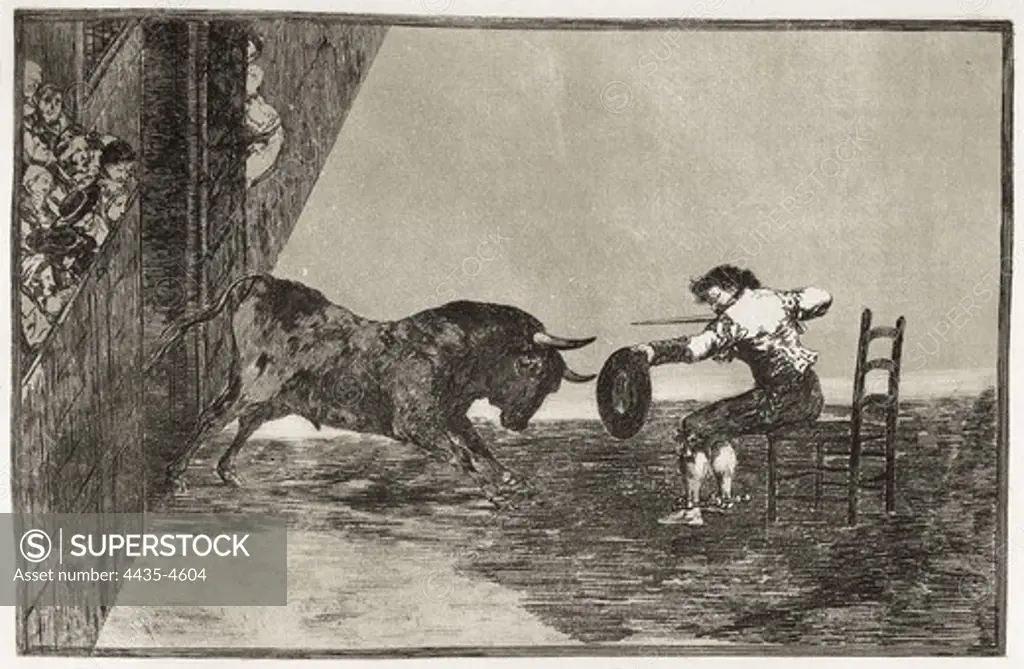 GOYA Y LUCIENTES, Francisco de (1746-1828). The daring of Martincho (probably Antonio Ebassum) in the ring at Saragossa. 1816. Plate 18 of 'The Art of Bullfighting'. Etching. SPAIN. MADRID (AUTONOMOUS COMMUNITY). Madrid. National Library.