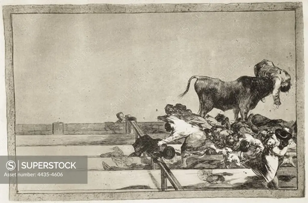 GOYA Y LUCIENTES, Francisco de (1746-1828). Dreadful events in the front rows of the ring at Madrid and the death of the mayor of Torrejon in 1801. 1816. Plate 21 of 'The Art of Bullfighting'. Etching. SPAIN. MADRID (AUTONOMOUS COMMUNITY). Madrid. National Library.